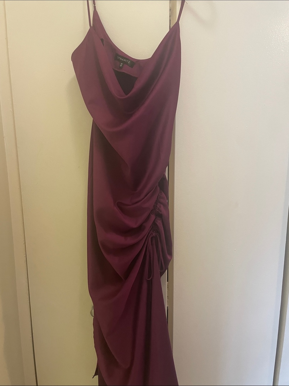 Dynamite Wine Satin Cowl Neck Ruched Slip Dress
